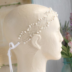 Unique Beaded Bridal Headpiece, Pearl Headband, Silver Hair Vine Cottagecore