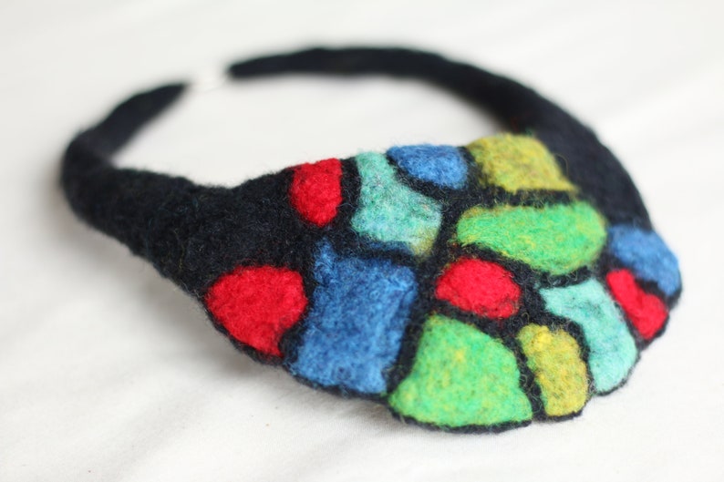 Unusual Black Necklace Stained Glass Style Handmade Choker Necklace Needle Felted Necklace Art Nouveau Necklace Colorful Bib Necklace