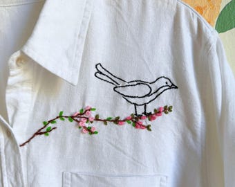 Embroidered Cottagecore Shirt (Large) - Long Sleeve Linen Button Up Blouse - Sustainable Eco Clothing - Butterfly Clothing
