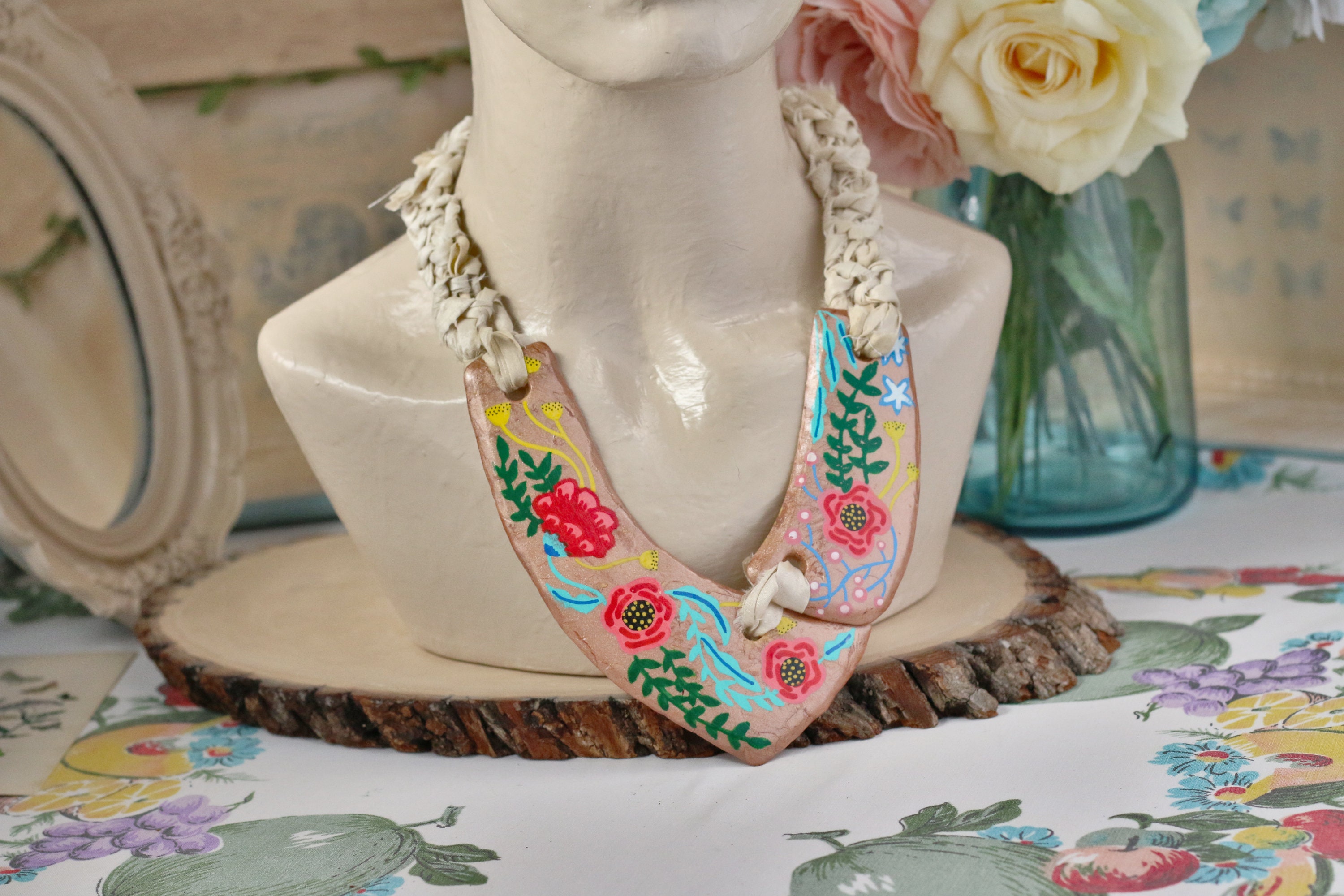 Unique Colorful Flower Necklace Hand Painted Polymer Clay Etsy