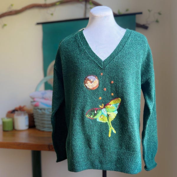 Dark Green Needle Felted Cottage Core Sweater - Whimsical Luna Moth Gift - Sustainable Clothing