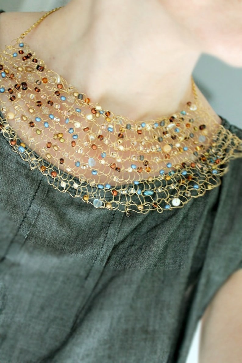 Knit Wire Jewelry Statement Beadwork Necklace Wire Necklace Etsy