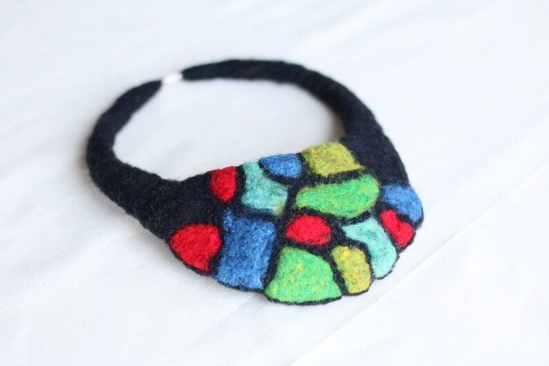 Unusual Black Necklace Stained Glass Style Handmade Choker Necklace Needle Felted Necklace Art Nouveau Necklace Colorful Bib Necklace