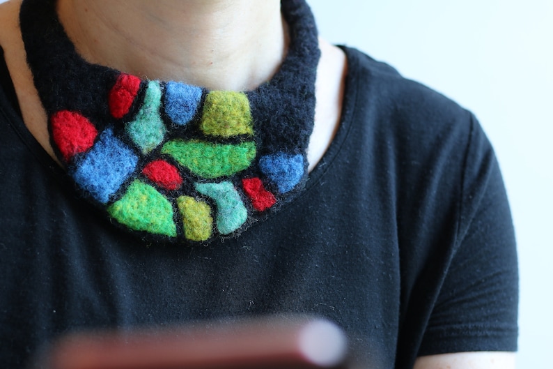 Unusual Black Necklace Stained Glass Style Handmade Choker Necklace Needle Felted Necklace Art Nouveau Necklace Colorful Bib Necklace