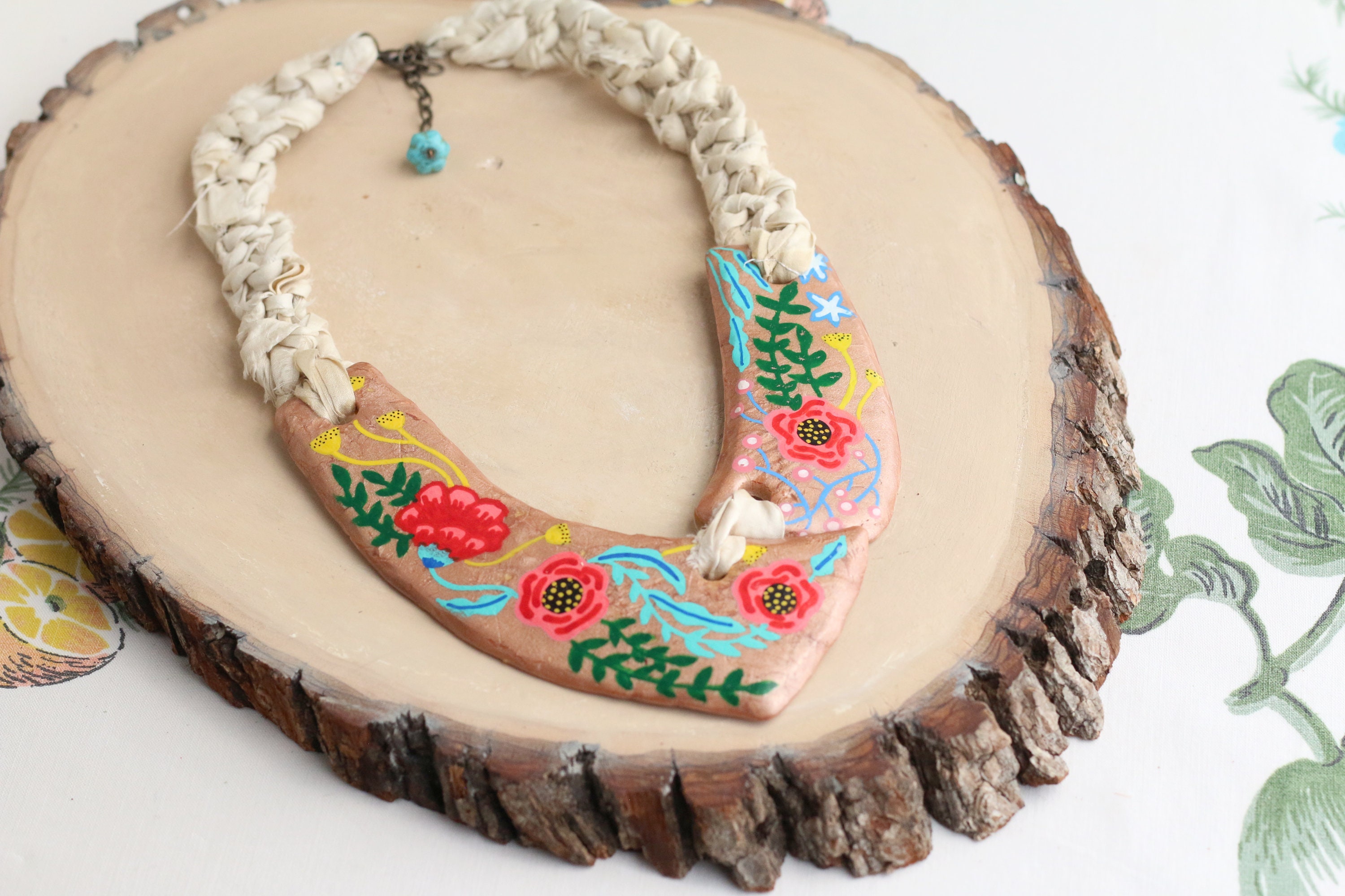 Unique Colorful Flower Necklace Hand Painted Polymer Clay Etsy