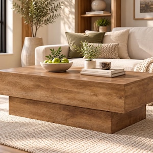 May include: A rectangular wooden coffee table with a thick, block-style top and a recessed base. The table features a natural wood grain finish in a medium brown tone. It is positioned on a textured rug, supporting a bowl of green apples and books.