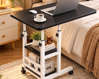 Adjustable Rolling Laptop Table, Mobile Overbed Desk with Storage Shelves, Height Adjustable Bedside Table, Sofa Side Desk