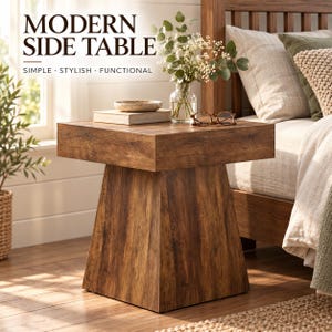 May include: A square wooden side table with a dark brown wood grain finish and a tapered pedestal base. The text MODERN SIDE TABLE SIMPLE STYLISH FUNCTIONAL is visible at the top. The table surface holds a book, a small bowl, a glass vase with greenery, and eyeglasses.