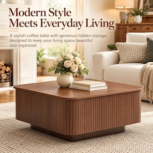 May include: A square coffee table with a dark wood finish and vertical slat detailing on the sides. The table features a flat top surface holding a white vase with light pink flowers and two stacked books. Text reads Modern Style Meets Everyday Living.