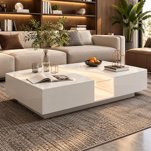 May include: A rectangular white coffee table with a high-gloss finish, featuring a central open storage compartment with integrated warm LED lighting and a glass shelf. The table has a low-profile design with a solid base and a smooth surface.