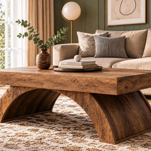 May include: A rectangular coffee table with a dark brown wood grain finish, featuring two curved, arch-shaped legs that support the thick tabletop. The table surface is smooth and flat, showcasing a natural wood texture throughout the structure.