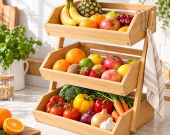 3-Tier Bamboo Fruit Basket Stand, Modern Farmhouse Kitchen Organizer