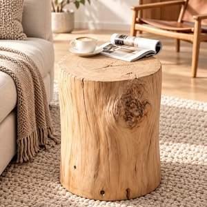May include: A cylindrical side table crafted from a single piece of light-colored natural wood, featuring a prominent knot on the side, visible grain patterns, and a flat top surface currently holding a white ceramic coffee cup and an open magazine.