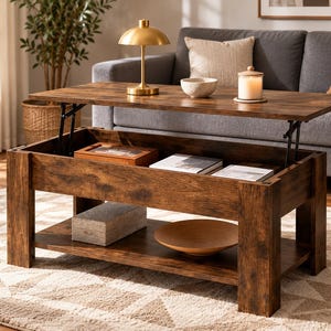 May include: A rectangular coffee table with a dark brown wood grain finish featuring a lift-top mechanism that reveals an interior storage compartment. The table has four sturdy legs and a lower open shelf holding a rectangular box and a bowl.
