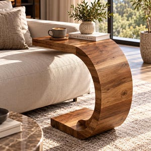 May include: A C-shaped side table crafted from natural wood with a visible grain pattern. The table features a flat top surface and a curved base that extends to the floor, providing a stable structure for holding a ceramic mug and a book.