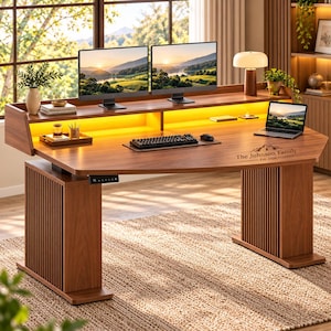 May include: A wooden standing desk with a slatted base, a raised monitor shelf, and integrated warm LED lighting. The desktop features the text The Johnson Family Est. 2026, a black keyboard, a mouse, and a laptop. A digital height control panel is visible.
