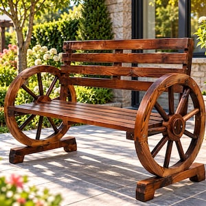 May include: A dark brown wooden bench featuring a slatted backrest and seat, supported by two large wagon wheels on each side. The bench is constructed from stained wood with visible grain patterns and rests on two rectangular wooden bases.