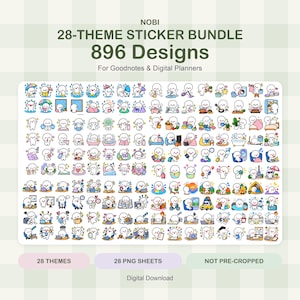 May include: A digital sticker bundle featuring 896 designs across 28 themes for Goodnotes and digital planners. The collection displays numerous small, white, round-headed characters engaged in various daily activities, hobbies, and travel scenarios.