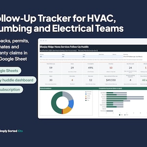 May include: A digital follow-up tracker for HVAC, plumbing, and electrical teams displayed as a Google Sheets dashboard. The interface features metrics for callbacks, permits, estimates, and warranty claims, including a donut chart and a bar graph.