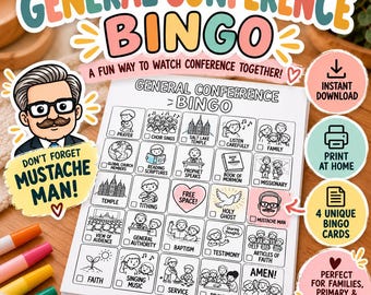 LDS General Conference Mustache Man Bingo Cards | 4 Printable Bingo Cards | Instant PDF Download