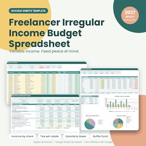 May include: A Google Sheets template for a freelancer irregular income budget spreadsheet. The digital document features an income tracker, annual dashboard, quarterly estimated taxes, and charts for monthly income, client income, and expenses.