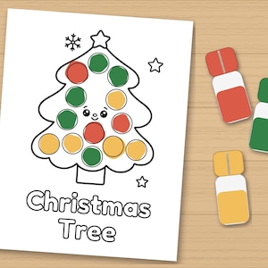May include: A white colouring page featuring a black outline of a Christmas tree with a smiling face, decorated with red, green, and yellow circular dots. The text Christmas Tree is printed below. Three small rectangular paint daubers are nearby.