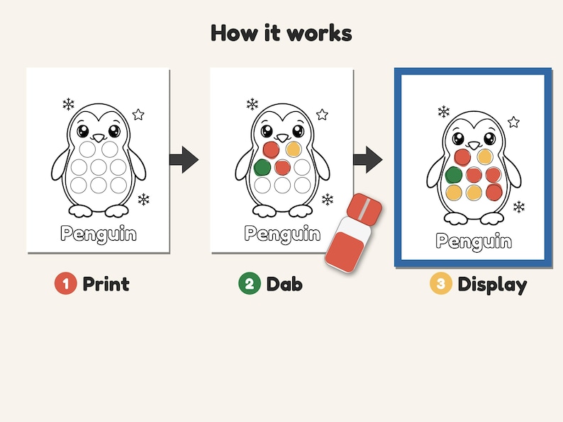 May include: A three-step instructional graphic titled How it works showing a penguin colouring page. Step 1 Print, step 2 Dab with a red marker, and step 3 Display. The penguin has circles on its belly to be filled with coloured dots.