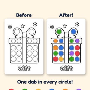 May include: A printable activity sheet titled Easy Christmas Activity for Toddlers showing a gift box outline with circles to colour. The left side is labelled Before and the right side After, with the text One dab in every circle and six coloured dots.