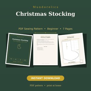 Könnte beinhalten: Ein digitales PDF-Schnittmuster für einen Weihnachtsstrumpf von Mundorelics. Das Dokument enthält ein Deckblatt, eine Liste der Materialien und ein Blatt mit dem Schnittmusterteil für den Strumpf, inklusive Raster und Testquadrat.
