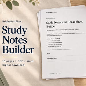 May include: A stack of white paper study notes and cheat sheet builder documents with black text. The title reads Study Notes and Cheat Sheet Builder, with subtext including 16 pages, PDF plus Word, and digital download. The pages are on a surface.