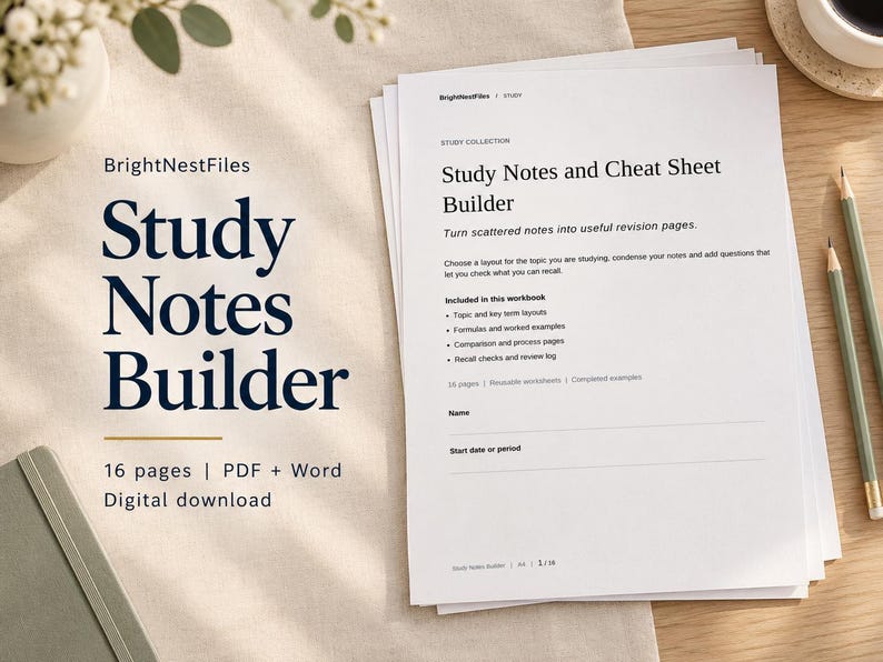 Może przedstawiać: Stos białych kartek z notatkami do nauki i generatorem ściąg z czarnym tekstem. Tytuł brzmi Study Notes and Cheat Sheet Builder, z podtytułami zawierającymi 16 stron, plik PDF plus Word oraz informację o cyfrowym pobieraniu dokument&oacute;w.