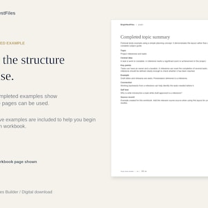 Może przedstawiać: Cyfrowa strona dokumentu zatytułowana Completed topic summary z sekcjami Topic, Central idea, Key points, Example, Connection, Self test oraz Source record. Tekst jest czarny na białym tle, z przejrzystym układem do notatek.
