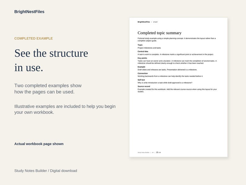 Może przedstawiać: Cyfrowa strona dokumentu zatytułowana Completed topic summary z sekcjami Topic, Central idea, Key points, Example, Connection, Self test oraz Source record. Tekst jest czarny na białym tle, z przejrzystym układem do notatek.