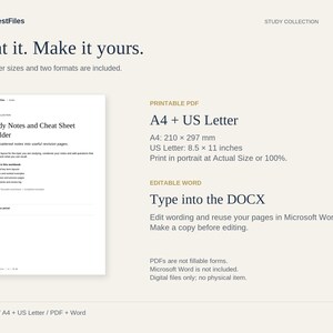 Może przedstawiać: Cyfrowy szablon dokumentu do notatek i ściąg. Zawiera format A4 o wymiarach 210 x 297 mm oraz format US Letter o wymiarach 8,5 x 11 cali. Dostępny w wersji PDF do druku oraz edytowalnym formacie Microsoft Word do organizowania materiał&oacute;w do nauki.