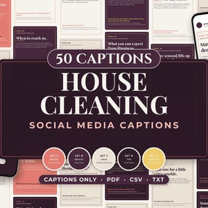 Puede incluir: Una colección digital de 50 pies de foto para redes sociales sobre limpieza del hogar presentada como una superposición gráfica. El diseño presenta una pancarta central de color morado oscuro con texto blanco.