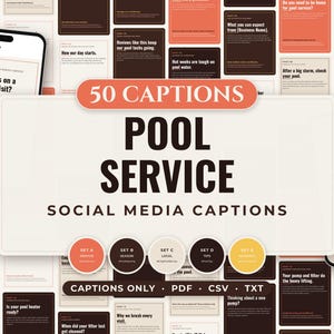 Puede incluir: Una colección digital de 50 pies de foto para redes sociales sobre servicios de piscina con un gráfico central rectangular color crema con el texto 50 CAPTIONS POOL SERVICE SOCIAL MEDIA CAPTIONS rodeado de tarjetas de texto marrón oscuro y coral.