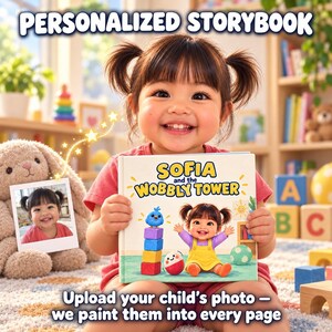 May include: A personalised storybook titled Sofia and the Wobbly Tower featuring a cover illustration of a cartoon child with pigtails, a blue bird, and colourful blocks. The book cover includes text and a space for a child's photo.