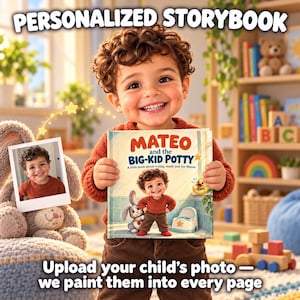 May include: A personalized storybook titled Mateo and the Big-Kid Potty featuring an illustration of a child with curly brown hair, a brown sweater, and brown pants standing next to a small potty and a stuffed rabbit toy on the cover.
