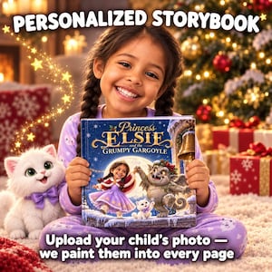 May include: A personalized storybook titled Princess Elsie and the Grumpy Gargoyle, featuring a cover illustration of a child in a purple dress dancing with a gargoyle and a white kitten under a full moon, with the text Personalized Storybook.