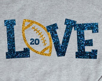 Love Football Iron On, Personalized Number Glitter Football LOVE Iron On,  LOVE Football Iron On Transfer, Football Heat Transfer