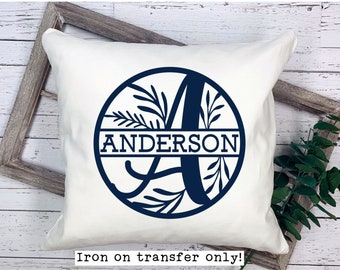 Initial Last Name Iron On, Family Name, Monogram Iron On, Leaf Design Last Name Iron on for Pillow, Personalized Iron on, Farmhouse Decor