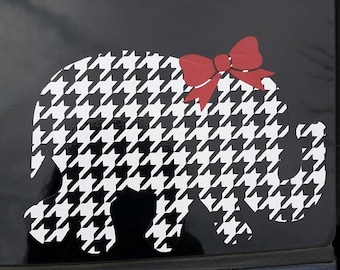 Houndstooth Elephant Vinyl Decal with Bow/ Elephant  Car Decal / Computer Decal / Wall Decor, Baby Elephant Sticker