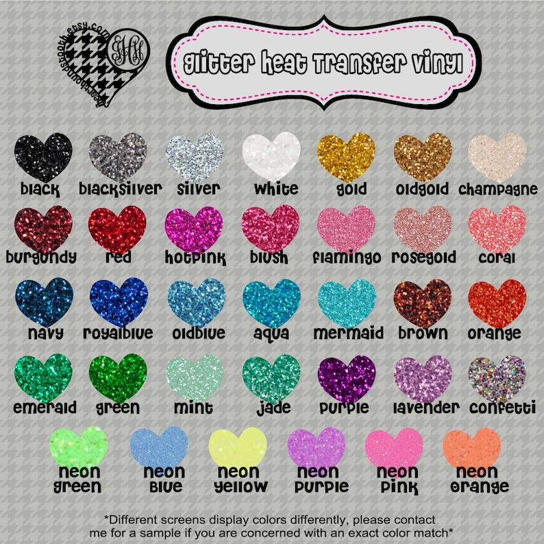 Pu&ograve; includere: Una tabella di colori di vinile termoadesivo glitterato a forma di cuori. I colori includono nero, argento, bianco, oro, oro vecchio, champagne, bordeaux, rosso, rosa acceso, blush, fenicottero rosa, oro rosa, corallo, blu navy, blu reale, blu vecchio, acqua, sirena, marrone, arancione, smeraldo, verde, menta, giada, viola, lavanda, coriandoli, verde neon, blu neon, giallo neon, viola neon, rosa neon e arancione neon. Il testo nella parte superiore della tabella dice "vinile termoadesivo glitterato". Il testo nella parte inferiore della tabella dice "*Schermi diversi visualizzano i colori in modo diverso, contattami per un campione se sei preoccupato per una corrispondenza di colore esatta*"