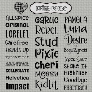 May include: A list of different font names in black text on a gray background. The font names include Allspice, Original, Lorelei, Carefree, Hands Up, Typewriter, Allstar, Collegiate, Helvetica, Impact, Garlic, Repel, Stud, Pixie, Cheri, Mossy, Kidlit, Pamela, Luna, Desire, Boyzgross, Rock Salt, Shake It, Highflier, Goodbye, Pharmacy.
