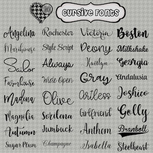 Op de afbeelding: Een lijst met cursieve lettertypen in zwarte tekst op een grijze achtergrond. De lettertypen zijn: Angelina, Rochester, Victoria, Boston, Marihouse, Style Script, Deony, Milkshake, Sailor, Always, Kaitlyn, Georgia, Farmhouse, Wide Open, Gray, Andalusia, Madina, Olive, Artless, Joshico, Magnolia, Sorilena, Girlfriend, Golly, Autumn, Jumbuck, Anthem, Branboll, Sugar Plum, Champagne, Isabella, Steelheart.