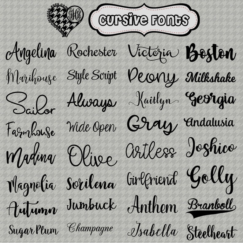 Op de afbeelding: Een lijst met cursieve lettertypen in zwarte tekst op een grijze achtergrond. De lettertypen zijn: Angelina, Rochester, Victoria, Boston, Marihouse, Style Script, Deony, Milkshake, Sailor, Always, Kaitlyn, Georgia, Farmhouse, Wide Open, Gray, Andalusia, Madina, Olive, Artless, Joshico, Magnolia, Sorilena, Girlfriend, Golly, Autumn, Jumbuck, Anthem, Branboll, Sugar Plum, Champagne, Isabella, Steelheart.