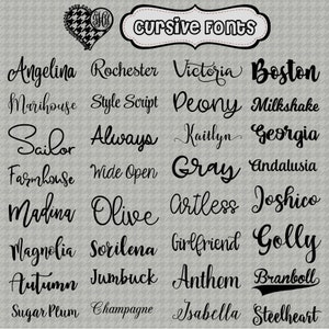 K&ouml;nnte beinhalten: Eine Liste von kursiven Schriftarten in schwarzem Text auf grauem Hintergrund. Die Schriftarten sind: Angelina, Rochester, Victoria, Boston, Marihouse, Style Script, Deony, Milkshake, Sailor, Always, Kaitlyn, Georgia, Farmhouse, Wide Open, Gray, Andalusia, Madina, Olive, Artless, Joshico, Magnolia, Sorilena, Girlfriend, Golly, Autumn, Jumbuck, Anthem, Branboll, Sugar Plum, Champagne, Isabella, Steelheart.