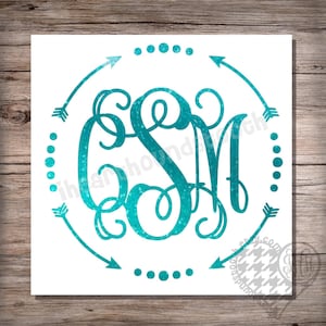 May include: Teal blue glitter monogram with the letters CSM in a script font. The monogram is surrounded by a circle of teal blue dots and arrows.