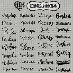 Może przedstawiać: Lista czcionek kursywą w czarnym kolorze na szarym tle. Czcionki to: Angelina, Rochester, Victoria, Boston, Marihouse, Style Script, Deony, Milkshake, Sailor, Always, Kaitlyn, Georgia, Farmhouse, Wide Open, Gray, Andalusia, Madina, Olive, Artless, Joshico, Magnolia, Sorilena, Girlfriend, Golly, Autumn, Jumbuck, Anthem, Branboll, Sugar Plum, Champagne, Isabella, Steelheart.