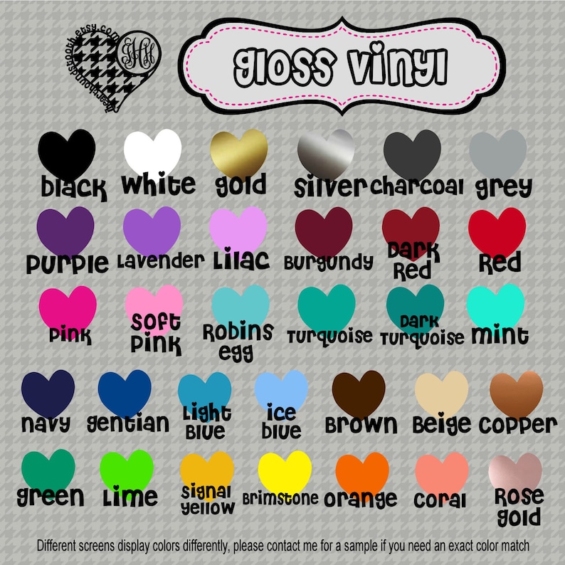 Op de afbeelding: Een kaart met 24 verschillende kleuren glansvinyl in de vorm van harten. De kleuren omvatten zwart, wit, goud, zilver, antraciet, grijs, paars, lavendel, lila, bordeauxrood, donkerrood, rood, roze, zacht roze, robijnsei, turquoise, donker turquoise, mint, marineblauw, gentiaanblauw, lichtblauw, ijsblauw, bruin, beige, koper, groen, limoen, signaalgeel, zwavel, oranje, koraal en roosgoud.